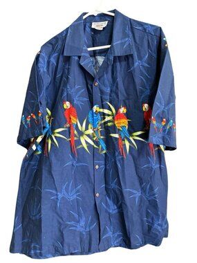 Vintage Pacific Legend Hawaiian Tiki Mens Navy Blue Parrot Macaw Bird Shirt  XL